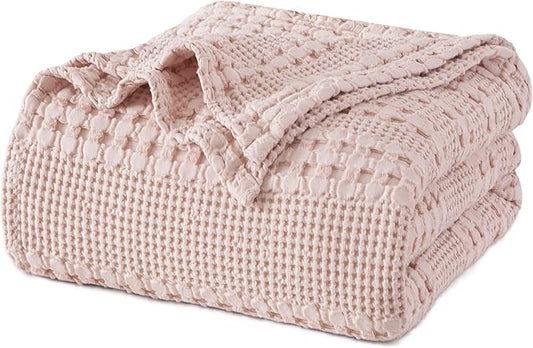 PHF 100% Cotton Waffle Weave Blanket King Size, Soft Lightweight Breathable Cozy Summer Blankets for Bed, Luxury Aesthetic Woven Bedding for Home Decor, 108"x90", Pink/Mauve