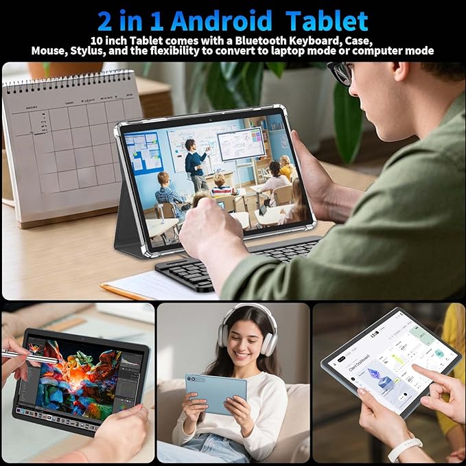 Android 15 Tablet 10 inch, 2026 Tablet with Keyboard, 24GB+256GB+2TB Expand, 2-in-1 Tablets with 8-Core, 5G WiFi, 8000mAh, BT5.0, GMS, GPS, Gemini AI, Tablets PC with Mouse, Case, Stylus (Black)