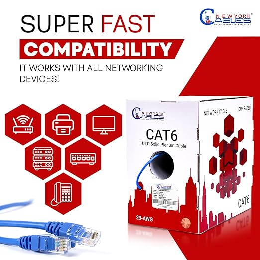 NewYork Cables CAT6 Plenum Cable 1000ft | 100% Pure Copper, UTP, 550MHz, 23AWG, 4Pair 10GB Ethernet Cable, Certified CMP-Rated Bulk Cat 6 Cable for Networking & Gaming (1000ft, Pure Copper,Blue)