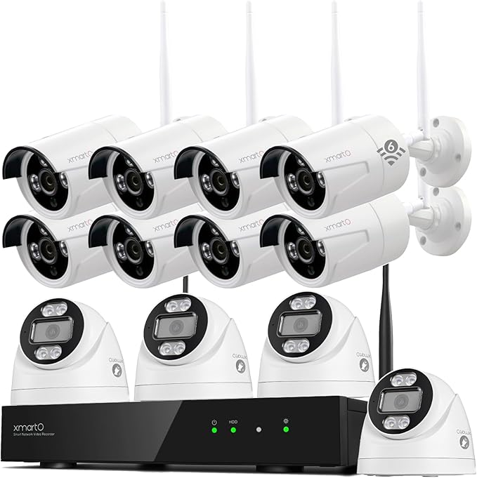 xmartO 16CH 12 Pcs Home Security Camera Kit, 4 * 2K HD Dome Camera and 8 * 2K 3MP Super HD WiFi Home Security Camera, 2-Way Audio, Night Vision, 24/7 Surveillance Camera, No Monthly Fee