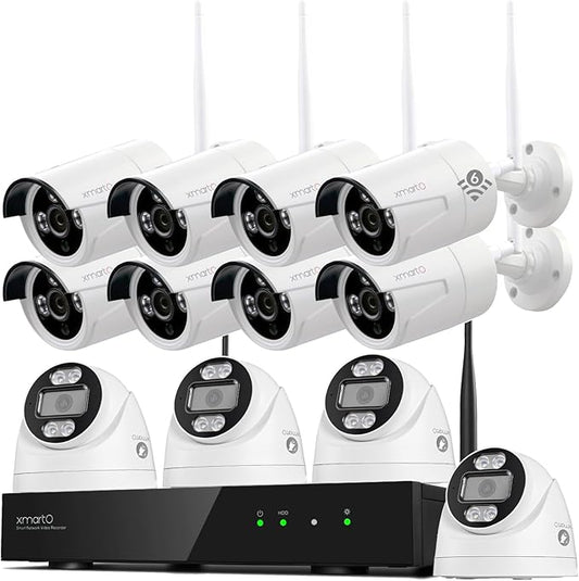 xmartO 16CH 12 Pcs Home Security Camera Kit, 4 * 2K HD Dome Camera and 8 * 2K 3MP Super HD WiFi Home Security Camera, 2-Way Audio, Night Vision, 24/7 Surveillance Camera, No Monthly Fee