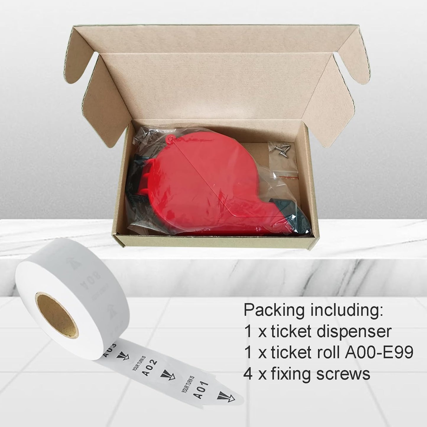 Ticket Dispenser Take A Number System with 1 Roll 2 Digit Paper 4 Groups Number (A01-E99, red)