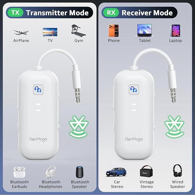 2026 Upgraded Airplane Bluetooth 5.4 Transmitter Bluetooth Adapter, ElecMoga Airplane Travel Essentials Supports 2 AirPods or Headphones, 2-in-1 AUX Wireless Transmitter Receiver for TV, Car, White