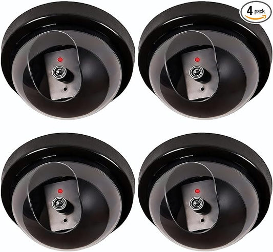 WALI Dummy Fake Security CCTV Dome Camera with Flashing Red LED Light with Security Alert Sticker Decals (SD-4), 4 Packs, Black