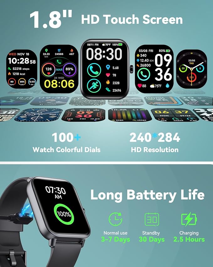 Smart Watches for Women/Men, Smart Watch for Android Phones and iPhone Compatible, Alexa Built-in, 1.8" Fitness Watches for Women, IP68 Waterproof /Bluetooth Call, Heart Rate/Sleep Monitor, Black