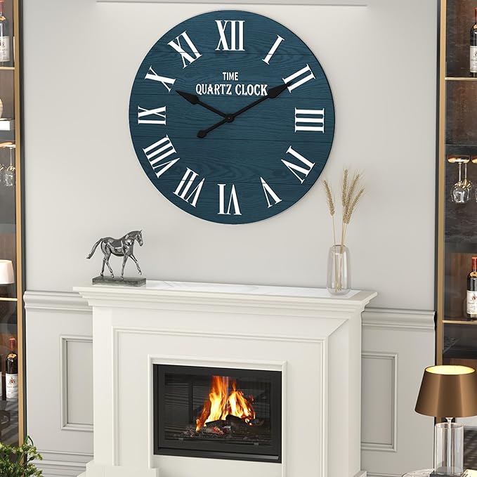 ARTPOWER Large Farmhouse Wall Clock, 35.5” Shiplap Wall Clock with Roman Numeral, Nearly Non-Ticking, Round Wall Clocks for Living Room Decor, Office, Bedroom, Entrance, Navy Blue