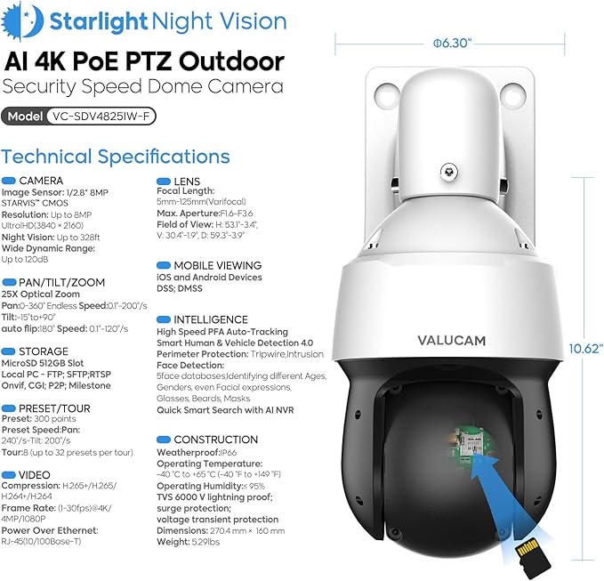 4K PTZ PoE IP Highspeed Dome Outdoor Camera-25x Optical Zoom(5-125mm), PFA Auto Tracking, IVS-Face Detection, SMD4.0, 1/2.8'' Starvis Sensor-0.005lux Starlight Nightvision, Quick Pick, IP66