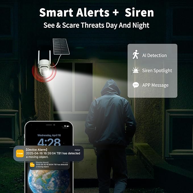 Solar Camera Outdoor Wireless, Wi-Fi Security Cameras for Home, 360° View, Two-Way Talk, Auto Tracking, Light Alarm, Color Night Vision