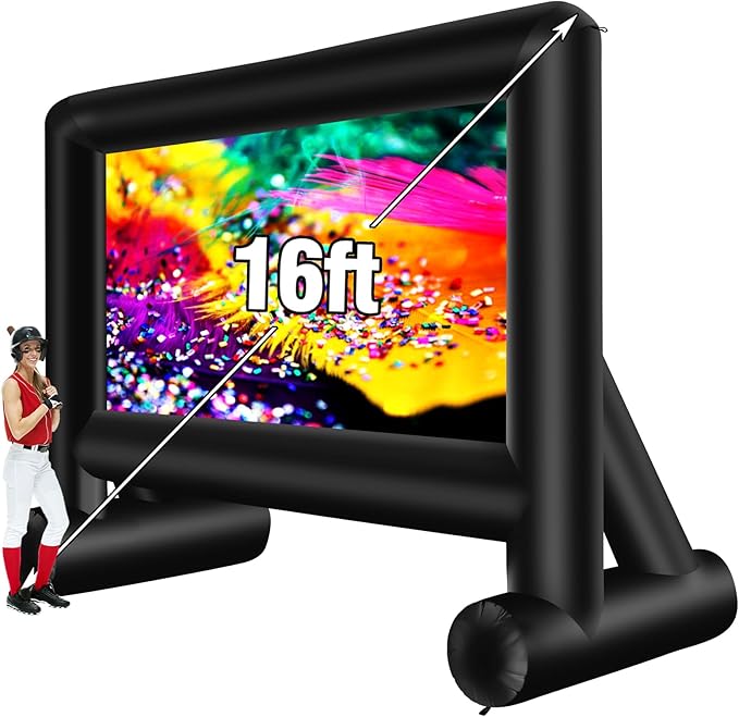 16 Feet Inflatable Projector Screen Outdoor Inflatable Movie Screen with Blower Carry Bag - Front and Rear Projection Blow Up Screen for Backyard Movie Night Pool Party