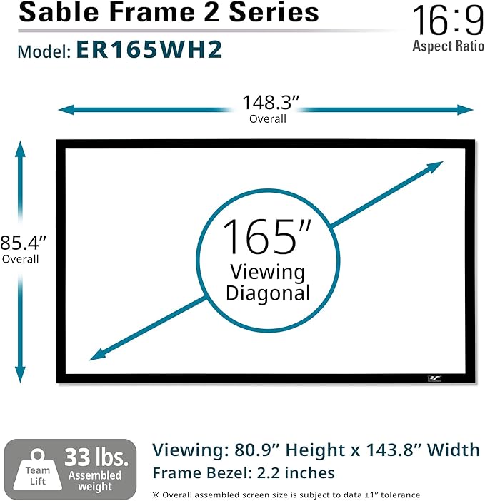 Elite Screens Sable Frame 2, 165-Inch Fixed Frame Projector Screen, 16:9 8K/4K Ultra HD & Active 3D Ready, ISF-Certified Material, Ideal for Home Theater, Office, and Indoor Presentations, ER165WH2