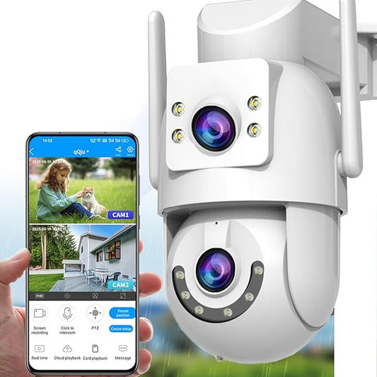 JOOAN Outdoor Security Camera HD 2K*2 Dual Lens Dual WiFi 5Ghz 2.4Ghz Wired,PTZ Rotate 2 Way Audio Sound Light Alarm,Auto Tracking,Share Cloud/Card Storage Color Night
