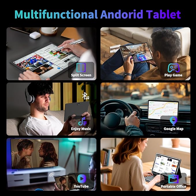 2025 Android 15 tablet with keyboard, 26GB+256GB+2TB Expand, 10 inch 2-in-1 Tablets with 8-Core, 5G WiFi, 8000mAh, BT5.0, 5MP+13MP, GMS, GPS, Widevine L1, Tablet PC with Mouse, Case, Stylus (Silver)