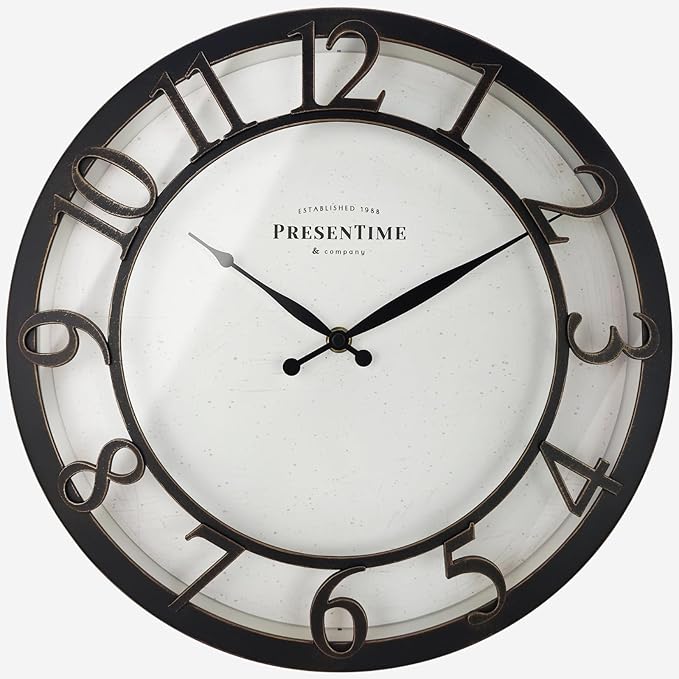 Presentime & Co 13" Farmhouse Series Wall Clock, Vintage Style, Retro Clock, Silent No Ticking, Raised 3D Arabic Numeral, Oil Rubbed Bronze Finish.