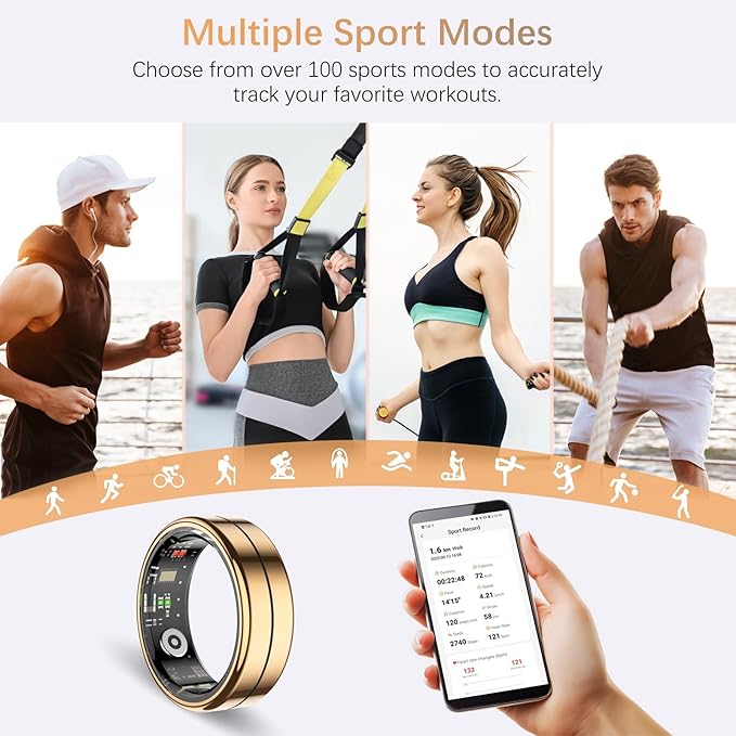 Fit Ring, Smart Health Rings for Women Men with Heart Rate,Blood Oxygen,HRV,Stress Level, Sleep Monitor, Step Tracker, No Subscription Fee, IP68 Waterproof Smart Ring for iphone &Android (Gold, 11#)
