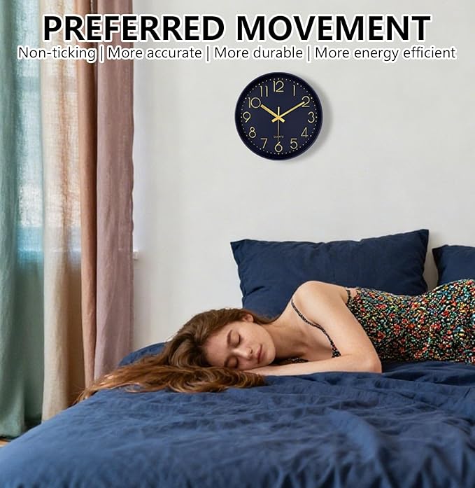 Modern Silent Wall Clock, 12 Inch Wall Clocks Battery Operated Large Number, Non-Ticking Analog Clock with Tempered Glass Quartz Clocks for Living Room Bedroom Office Kitchen, Navy Blue