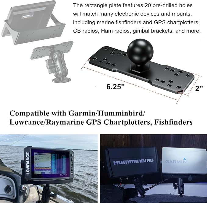 BRCOVAN 1.5'' Ball Fish Finder Mount, Aluminum Alloy Universal Marine Electronic Plate for RAM Mounts C Size 1.5 Inch Ball Double Socket Arm, Fit for Garmin, Lowrance, Humminbird, Raymarine and More
