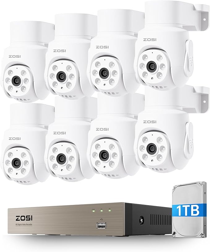 ZOSI 5MP Wired Security Camera System, 8pcs 1080p Pan/Tilt 360°View Weatherproof Camera,One Way Audio, AI Human Vehicle Detection,Night Vision, H.265+ 8CH DVR with 1TB Hard Drive for 24/7 Recording