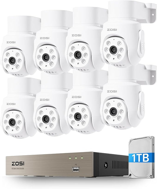 ZOSI 5MP Wired Security Camera System, 8pcs 1080p Pan/Tilt 360°View Weatherproof Camera,One Way Audio, AI Human Vehicle Detection,Night Vision, H.265+ 8CH DVR with 1TB Hard Drive for 24/7 Recording