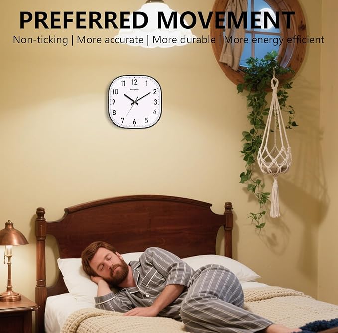 10 Inch Wall Clock, Silent Non Ticking Wall Clocks Battery Operated, Square Analog Decorative Wall Clocks for Bedroom Living Room Office Home Gym Porch Decor Indoor Outdoor Clock, Black