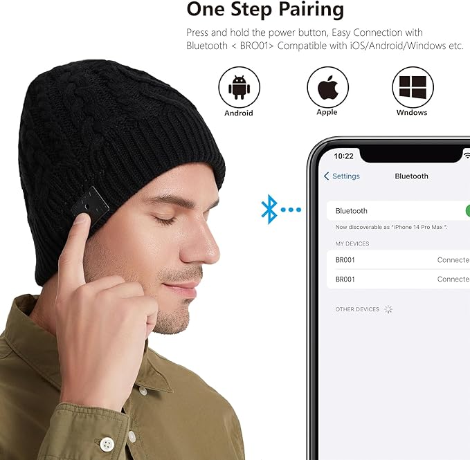Bluetooth Beanie, Bluetooth 5.2 HD Stereo,30 Hours Play time,Built-in Microphone, Men's/Women's Christmas Electronic Gift (Black)