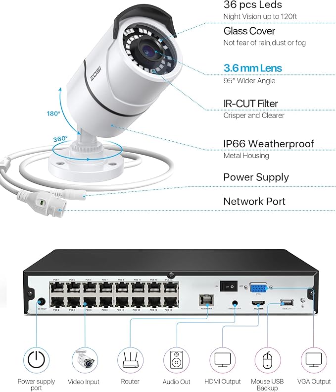 ZOSI 16CH 4K PoE Security Cameras System,4K 8MP 16 Channel H.265 NVR with 4TB Hard Drive and 8pcs 5MP Indoor Outdoor PoE IP Cameras,120ft Night Vision,Remote Access for Home Business 24/7 Recording