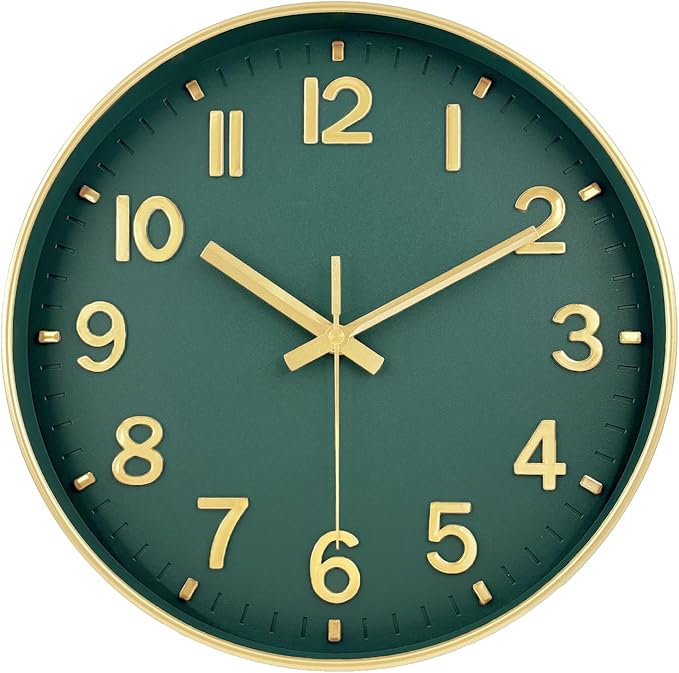 Wall Clock, 8 Inch Wall Clocks Battery Operated, Modern Non Ticking Silent Digital Analog Small Wall Clock for Bedroom Living Room Kitchen Office Gym Classroom Outdoor Clocks, Gold Green