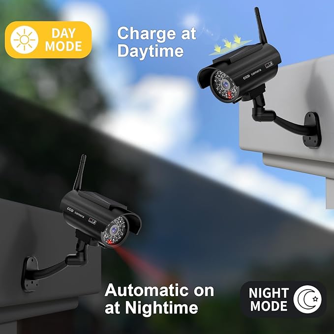 WALI Dummy Fake Camera, Solar Powered Fake Security Camera with LED Light, Simulated Surveillance Security CCTV Dome Cameras with Antenna and Warning Sticker Indoor Outdoor (SOL-TCB2), 2 Packs, Black