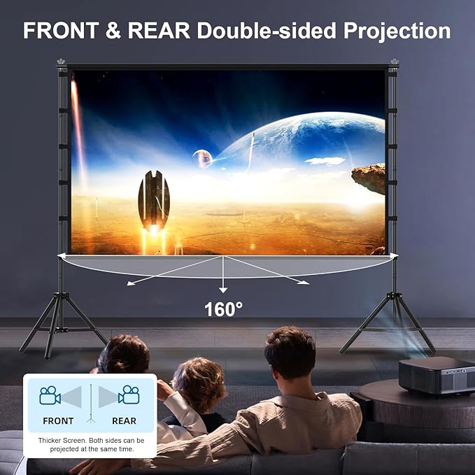 120 inch Projector Screen with Stand, Portable Outdoor Projection Screen Rear Front Movie Screen with Carry Bag Wrinkle-Free 16:9 4K Washable for Indoor Home Theater, Backyard Movie Night