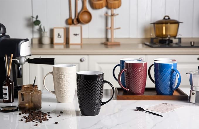 AmorArc Large Coffee Mugs Set of 6, 20oz Ceramic Tall Coffee Mugs Set with Textured Geometric Patterns for Latte/Tea/Beer/Hot Cocoa, Dishwasher & Microwave Safe, Black