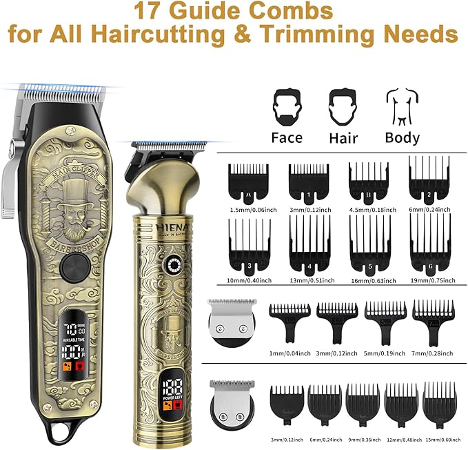HIENA PRO Hair Clippers for Men Professional, Cordless Barber Clipper T-Blade Beard Trimmer Nose & Body Hair Trimmer Foil Shaver Grooming Kit, Electric Full Men's Hair Cutting Kit with 17 Guide Combs