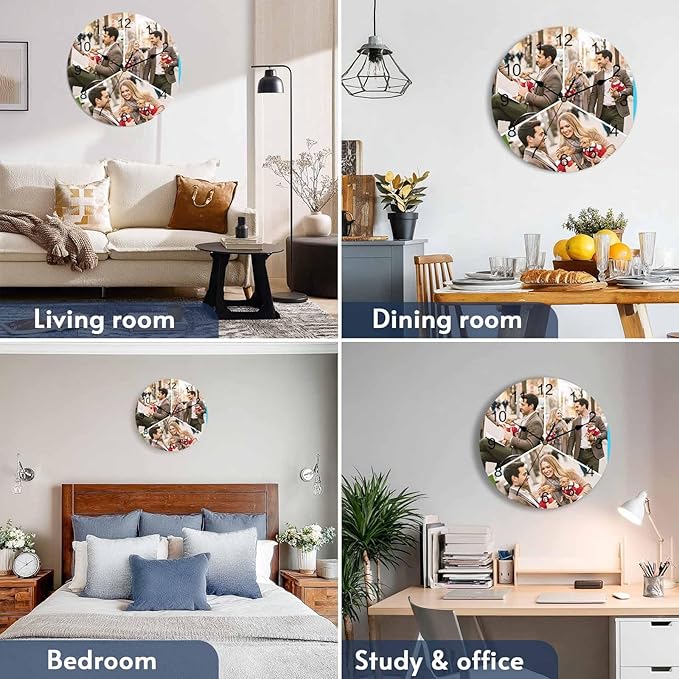 Custom 3 Photo Wall Clock, Personalized Picture Silent Wall Clock Non Ticking for Bedroom, Living Room, Kitchen, Office, Idea Gifts for Couples, Boyfriend, Girlfriend, Family (10", 12", 14")