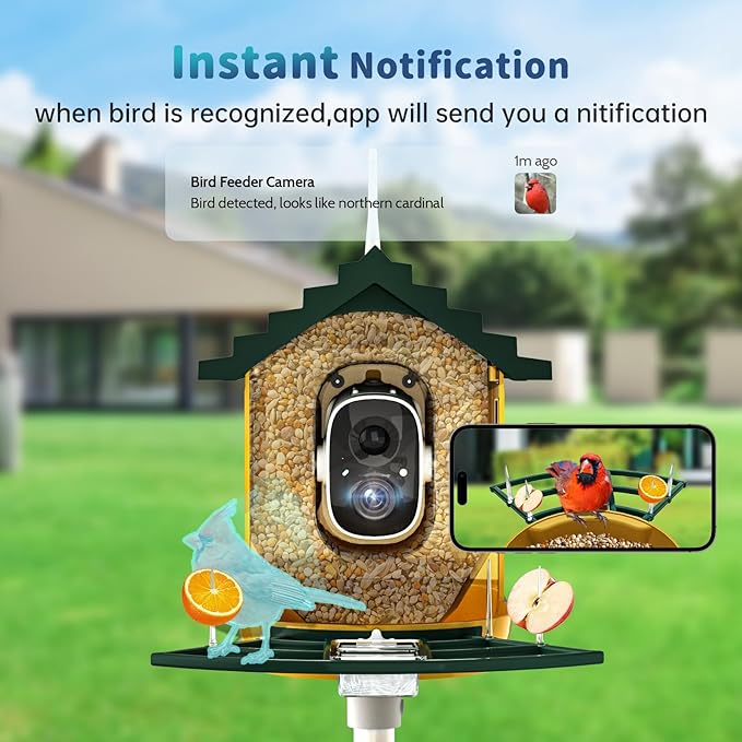Smart Bird Feeder with Camera Solar Powered & AI Bi rd Identification, 2.4Ghz WiFi Bird feeders for Outdoors, 2K Live Video, Nstant Arrival Alerts - Green-Yellow