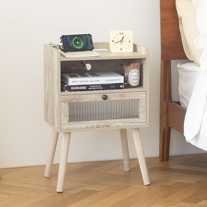 AWASEN Nightstand with Charging Station, Modern Bedside Table with Glass Decorative Drawer, Charging Night Stand Side Tables for Bedroom and Small Space, Rustic White Oak