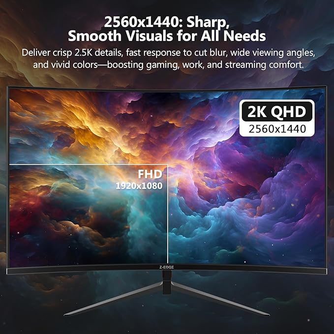Z-Edge 27 inch Curved Gaming Monitor, QHD 1440P 165Hz 144Hz Curved 1500R Computer Monitor, MPRT 1ms Monitor Gaming, 16.7M Colors, UG27Q Frameless Bezel, 2X DP 1.4 Ports and 2X HDMI 2.0 Ports