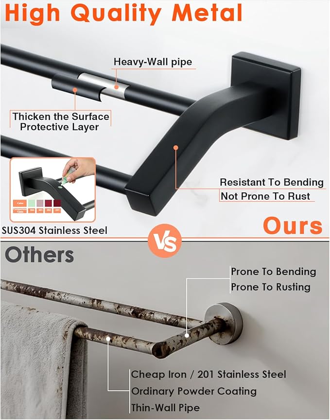 Alise Double Bath Towel Bars Towel Racks for Bathroom,Wall Mount Towel Holder Heavy Duty 16-Inch Towel Hanger Rail,GK9400-B SUS304 Stainless Steel Matte Black