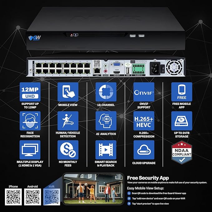 GW Security 16 Channel NVR UltraHD 4K Face Recognition NDAA & TAA Compliant Security Camera System with 16 x 8MP @25FPS Outdoor & Indoor PoE Turret Cameras, 10 Smart AI Functions