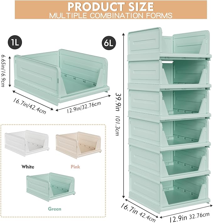 6 Pack Stackable Closet Storage Basket - Stackable Storage Bins, Multifunctional & Foldable Closet Organizer, Wardrobe Cupboard Space-Saving Hat Storage Drawer Organizer, Green