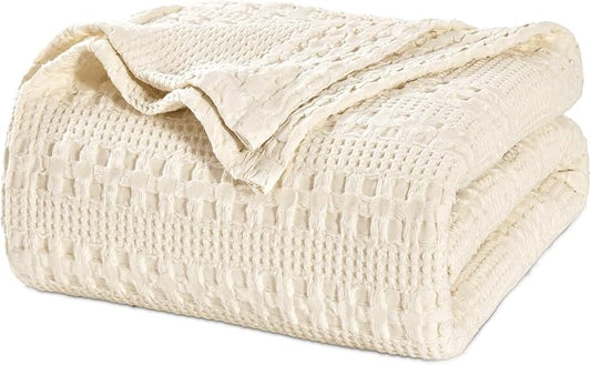 PHF 100% Cotton Waffle Weave Blanket King Size, Soft Lightweight Breathable Cozy Summer Blankets for Bed, Luxury Aesthetic Woven Bedding for Home Decor, 108"x90", Undyed