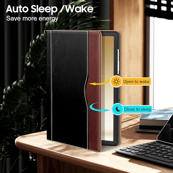 OKP Case for Samsug Galaxy Tab A9+ Plus 11 inch 2024(SM-X210/X216/X218), PU Leather Folio Cover with Multi-Angle Stand//Pen Holder, Auto Wake/Sleep Case for Galaxy A9+ 11" Tablet (Black+Brown)