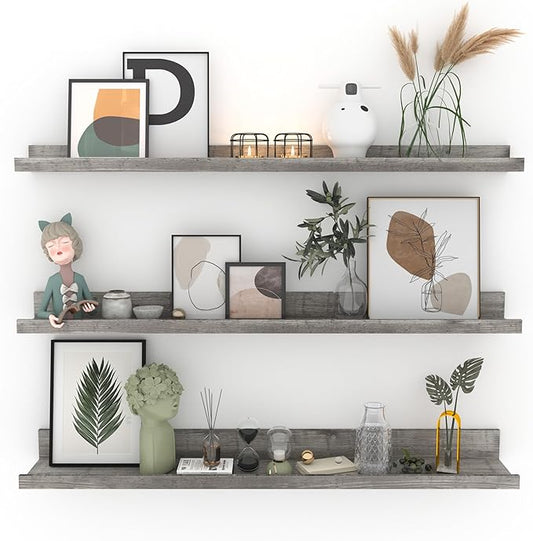 Giftgarden 36 Inch Grey Floating Shelves for Wall Mount, Gray Wood Wall Shelf Ledge for Bathroom Bedroom Living Room Kitchen Storage, Set of 3 Different Sizes