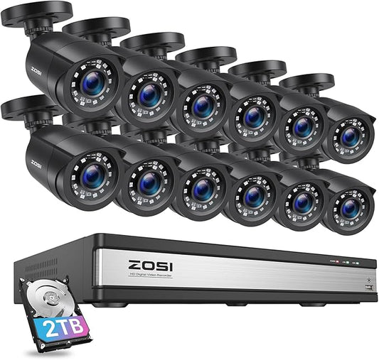 ZOSI 3K Lite 16 Channel Security Camera System Outdoor,AI Human Vehicle Detection,Night Vision,12pcs 2MP Weatherproof Surveillance Camera,H.265+ 16CH 1080P CCTV DVR with 2TB HDD for 24/7 Recording