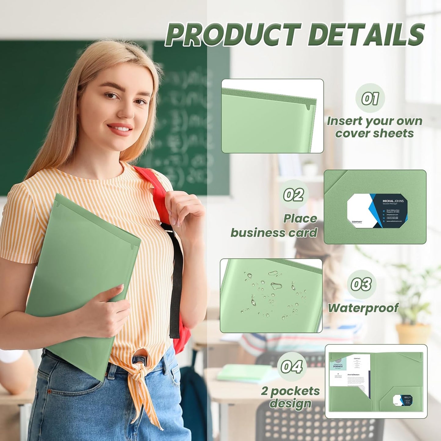 Henoyso 36 Pcs Plastic Folders with Clear Front Pockets Heavy Duty File Folders with 2 Pockets and Card Slot for Student Communication School Office Presentation Report (Sage Green)