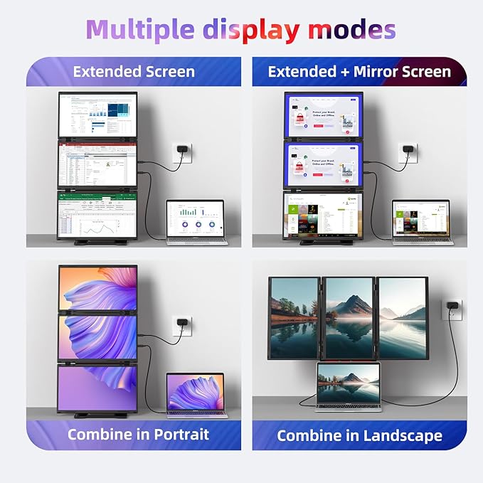 Quad Laptop Screen Extender, 15.6" FHD 1080P Triple Monitor, Combine into One 30" Screen (Landscape/Portrait), Just 1 Cable for 3 Screens, Driver Required, Compatible with Wins & Mac(M1/M2/ M3/M4/M5)