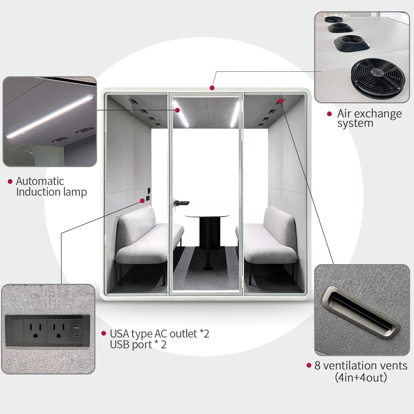 Soundproof Office Pod Booth, Quiet Meeting Pod with Acoustic Panels, Portable Modular Pod, Privacy Booth for Private Phone Calling, 4 People Personal Workspace with Sound Isolation H92in W91in D71in