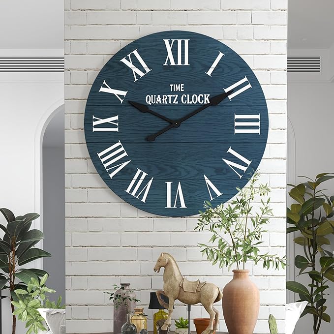 ARTPOWER Large Farmhouse Wall Clock, 35.5” Shiplap Wall Clock with Roman Numeral, Nearly Non-Ticking, Round Wall Clocks for Living Room Decor, Office, Bedroom, Entrance, Navy Blue