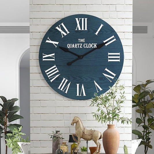ARTPOWER Large Farmhouse Wall Clock, 35.5” Shiplap Wall Clock with Roman Numeral, Nearly Non-Ticking, Round Wall Clocks for Living Room Decor, Office, Bedroom, Entrance, Navy Blue
