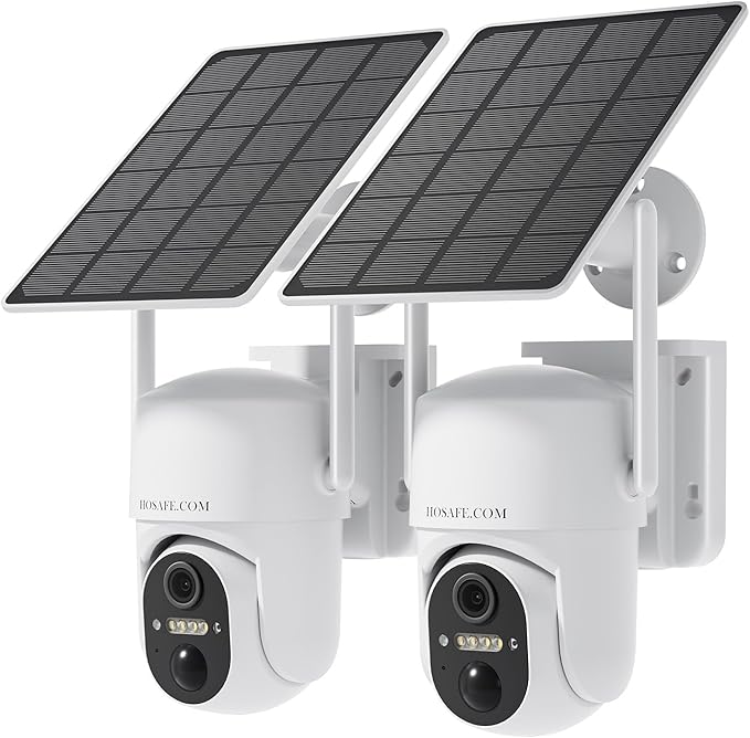 HOSAFE.COM Home Security Cameras Wireless Outdoor, Outdoor Camera Wireless WiFi, 360 Camera Solar Powered, PTZ, PIR Sensor, 2K HD Color Night Vision, 2-Way Talk, IP66 Waterproof, 2 Pack