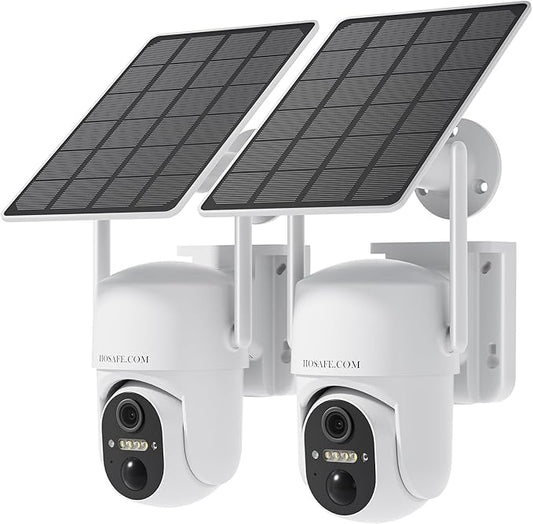 HOSAFE.COM Home Security Cameras Wireless Outdoor, Outdoor Camera Wireless WiFi, 360 Camera Solar Powered, PTZ, PIR Sensor, 2K HD Color Night Vision, 2-Way Talk, IP66 Waterproof, 2 Pack