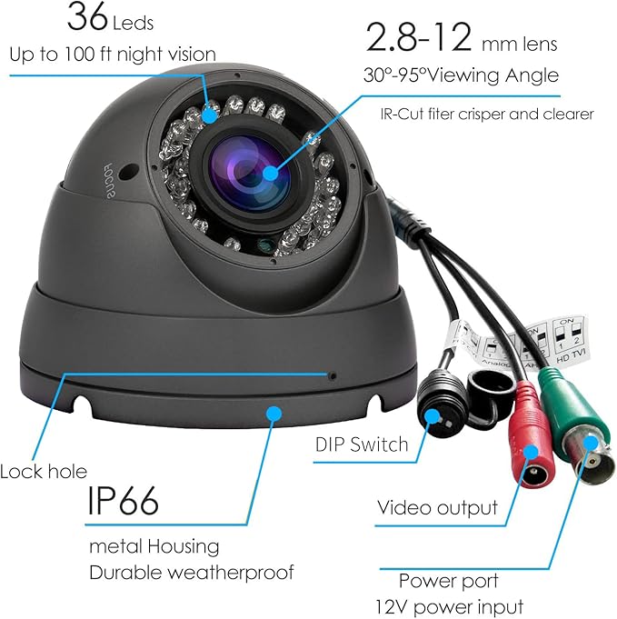 2MP CCTV Camera HD 1080P 4-in-1 (TVI/AHD/CVI/960H/CVBS) Security Dome Camera, 2.8-12mm Varifocal Lens Analog Video Surveillance, Wide Angle Viewing Day & Night Indoor Outdoor Waterproof (Grey)