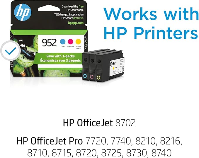 HP 952 Cyan, Magenta, Yellow Ink Cartridges (3-Pack) | Works with Printer Series: OfficeJet 8702, OfficeJet Pro 7720, 7740, 8210, 8710, 8720, 8730, 8740 | Eligible for Instant Ink | N9K27AN